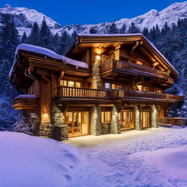 Prompt: Capture a precise, professional-grade in the highest possible quality photography chalet with a jacuzzi interior view cozy decor wall-mounted TV window with view of a snowy mountain