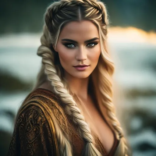 Prompt: a norse shamanic woman with long blonde braided hair light norse leather clothing with little fur shamanic painting face Fashion photography, Pulitzer Prize-winning photography, Bokeh, Volumetric Lighting, Golden Hour, Soft natural lighting, and Film gain.portrait heavenly beauty, 128k, 50mm, f/1. 4, high detail, sharp focus, perfect anatomy, highly detailed, detailed and high quality background, oil painting, digital painting, Trending on artstation, UHD, 128K, quality, Big Eyes, artgerm, highest quality stylized character concept masterpiece, award winning digital 3d, hyper-realistic, intricate, 128K, UHD, HDR, image of a gorgeous, beautiful, dirty, highly detailed face, hyper-realistic facial features, cinematic 3D volumetric, illustration by Marc Simonetti, Carne Griffiths, Conrad Roset, 3D anime girl, Full HD render + immense detail + dramatic lighting + well lit + fine | ultra - detailed realism, full body art, lighting, high - quality, engraved, ((photorealistic)), ((hyperrealistic)), ((perfect eyes)), ((perfect skin)), ((perfect hair))