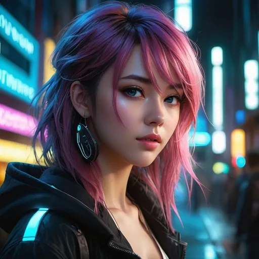 Prompt: Imagine a cyberpunk manga girl with neon pastel long hair, and a futuristic outfit. She stands in a dark alley in the city, lit by neon lights and advertising holograms. The atmosphere is full of mystery and adventure, reflecting a world where technology and humanity intersect in complex ways. The style should be dynamic and rich in detail, capturing the essence of the cyberpunk genre ,wore, face, UHD , 300K , 50mm, f/1.4, sharp focus, reflections, high-quality background , UHD, sharp focus, reflections, high-quality background illustration by Marc Simonetti Carne Griffiths, Conrad Roset, 3D anime girl, Full HD render + immense detail + dramatic lighting + well lit + fine | ultra - detailed realism, full body art, lighting, high - quality, engraved, ((photorealistic)), ((hyperrealistic)), ((perfect eyes)), ((perfect skin)), ((perfect hair)), ((perfect shadow)), ((perfect light)) 800k UHD 100mm. 4D. 300k, 50mm, f/1.4, sharp focus, reflections, high-quality background , UHD, sharp focus, reflections, high-quality background illustration by Marc Simonetti Carne Griffiths, Conrad Roset, 3D anime girl, Full HD render + immense detail + dramatic lighting + well lit + fine | ultra - detailed realism, full body art, lighting, high - quality, engraved, ((photorealistic)), ((hyperrealistic)), ((perfect eyes)), ((perfect skin)), ((perfect hair)), ((perfect shadow)), ((perfect light))