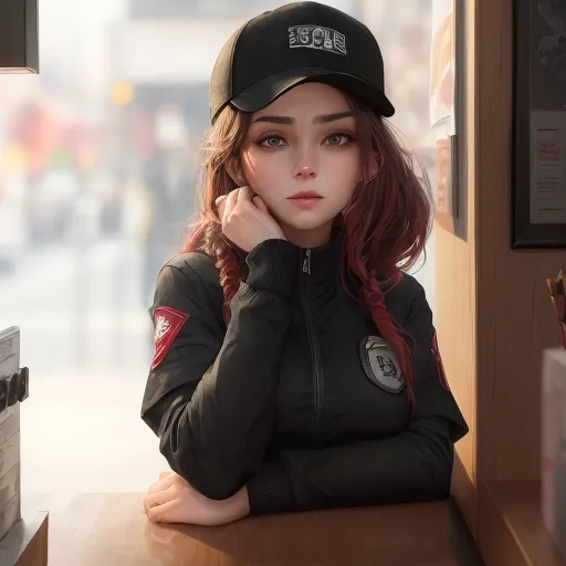 Prompt: Young woman, ponytail black with 
red highlights mossy goldy eyes, a baseball cap placed carelessly on her head. She has her head resting on one hand. She has black makeup, with black kohl. She is behind the counter of a geek store. She seems to be deeply bored, her hand holds her head. Dark atmosphere, old shop. She has a badge with her name, "Lucy". Flawless text. 4D. 300k, 50mm, f/1.4, sharp focus, reflections, high-quality background , UHD, sharp focus, reflections, high-quality background
illustration by Marc Simonetti Carne Griffiths, Conrad Roset, 3D anime girl, Full HD render + immense detail + dramatic lighting + well lit + fine | ultra - detailed realism, full body art, lighting, high - quality, engraved, ((photorealistic)), ((hyperrealistic)), ((perfect eyes)), ((perfect skin)), ((perfect hair)), ((perfect shadow)), ((perfect light))