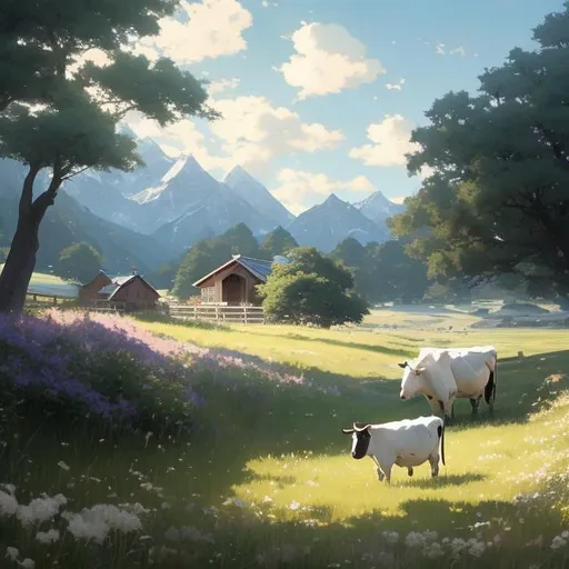 Prompt: 1 house with green meadow, mountain, white and black cows 

Illustration by Makoto shinkai.

heavenly beauty, 128k, 50mm, f/1. 4, high detail, sharp focus, highly detailed, detailed and high quality background, oil painting, digital painting, Trending on artstation, UHD, 128K, quality, artgerm, highest quality stylized concept masterpiece, award winning digital 3d, hyper-realistic, intricate, 128K, UHD, HDR, image of a gorgeous, beautiful, dirty, highly detailed , hyper-realistic  features, cinematic 3D volumetric, Full HD render + immense detail + dramatic lighting + well lit + fine | ultra - detailed realism, lighting, high - quality, engraved, ((photorealistic)), ((hyperrealistic))