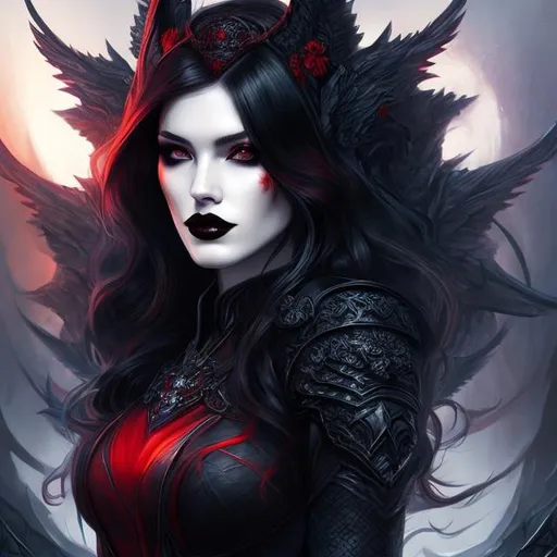 Prompt: girl , hell, demon, 30 years old, long red hair with black highlights, black conjunctiva with red iris, goth clothe , elbow on knees hands together, seatting on a the hell throne, parted bangs, ethereal, royal vibe, highly detailed, digital painting, Trending on artstation, Big Eyes, artgerm, highest quality stylized character concept masterpiece, award winning digital 3d oil painting art, hyper-realistic, intricate, 64k, UHD, HDR, image of a gorgeous, beautiful, dirty, highly detailed face, hyper-realistic facial features, perfect anatomy in perfect composition of professional, long shot, sharp focus photography, cinematic 3d volumetric