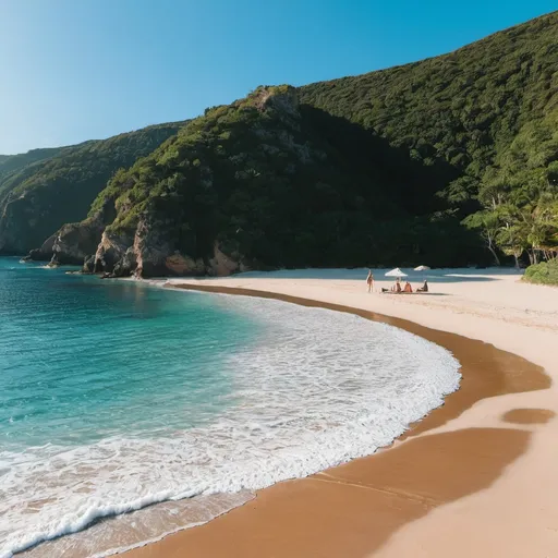 Prompt: a beach with a couple (woman and man)