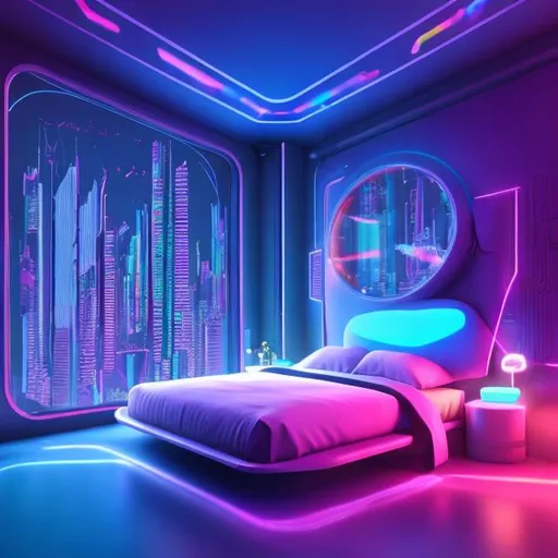 Prompt: an bedroom ultra-futurist design color holographic background cyberpunk town