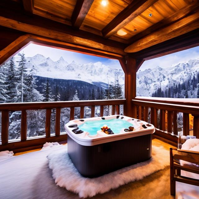 Prompt: Capture a precise, professional-grade in the highest possible quality photography chalet with a jacuzzi interior view cozy decor wall-mounted TV window with view of a snowy mountain