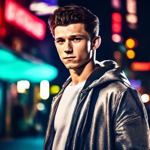 Prompt: Photo, portrait, very close up, 1 man, tom holland , crouching in a narrow street, illuminated by neon lights at night, in front of a night club, looking directly at the camera, low-angle shot, heavenly beauty, 8k, 50mm, f/1. 4, high detail, sharp focus, perfect anatomy, highly detailed, detailed and high quality background, oil painting, digital painting, Trending on artstation, UHD, 128K, quality, Big Eyes, artgerm, highest quality stylized character concept masterpiece, award winning digital 3d, hyper-realistic, intricate, 128K, UHD, HDR, image of a gorgeous, beautiful, dirty, highly detailed face, hyper-realistic facial features, cinematic 3D volumetric, illustration by Marc Simonetti, Carne Griffiths, Conrad Roset, 3D anime girl, Full HD render + immense detail + dramatic lighting + well lit + fine | ultra - detailed realism, full body art, lighting, high - quality, engraved |