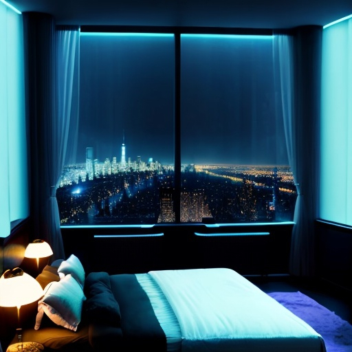 Prompt: a luxury bedroom , neon ,windows with a view of New York at night