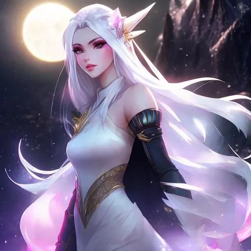 Prompt: dragon women , full body , 20 years old , romantic emotion, pretty women, aetheric , aetheric aura , long white hair , yellow gold eyes , light dragonic makeup , light dragonic dress , stiletto nails with black base color gradient to white , white styleto shoe , night background with a moon , perfect composition, hyperrealistic, super detailed, 8k, high quality , illustration by Marc Simonetti, Carne Griffiths, Conrad Roset, 3D anime girl, Full HD render + immense detail + dramatic lighting + well lit + fine | ultra - detailed realism, full body art, lighting, high - quality, engraved, ((photorealistic)), ((hyperrealistic)) , intricately hyperdetailed, perfect face, perfect body, perfect anatomy

vaporwave aesthetic digital painting with neon purple lighting of a girl with very short pink hair , serious, wet hair, slim, fit, hdr, uhd, 8k, highly detailed, professional, vivid colors, punk rockmajestic , exuberant, on a beach, realistic, detailed, high fantasy, concept art, lush, vibrant, freckles. Galaxy Space. little girls at a party.