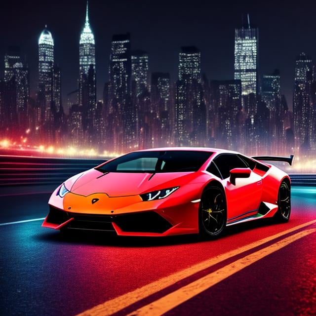 Prompt: 1 car , Lamborghini huracan , black with red neon light , road of new york city background , ultra-realistic