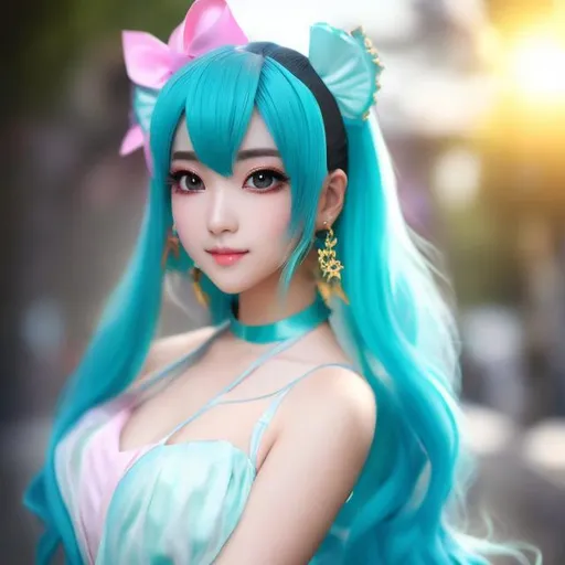 Prompt: miku hatsune Fashion photography, Pulitzer Prize-winning photography, Bokeh, Volumetric Lighting, Golden Hour, Soft natural lighting, and Film gain.portrait heavenly beauty, 128k, 50mm, f/1. 4, high detail, sharp focus, perfect anatomy, highly detailed, detailed and high quality background, oil painting, digital painting, Trending on artstation, UHD, 128K, quality, Big Eyes, artgerm, highest quality stylized character concept masterpiece, award winning digital 3d, hyper-realistic, intricate, 128K, UHD, HDR, image of a gorgeous, beautiful, dirty, highly detailed face, hyper-realistic facial features, cinematic 3D volumetric, illustration by Marc Simonetti, Carne Griffiths, Conrad Roset, 3D anime girl, Full HD render + immense detail + dramatic lighting + well lit + fine | ultra - detailed realism, full body art, lighting, high - quality, engraved, ((photorealistic)), ((hyperrealistic)), ((perfect eyes)), ((perfect skin)), ((perfect hair))