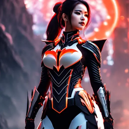 Prompt: white and black light armor with big cleavage , big ponytail hair , red gradient hair , orange gradient eye ,  android , batman armor