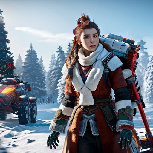 Prompt:  christmas , aloy 
with monster robotic machines , horizon zero dawn , 600K UHD