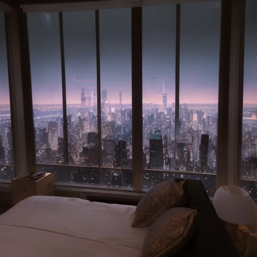 Prompt: a luxury bedroom , neon ,windows with a view of New York at night ((view of empire state bulding))