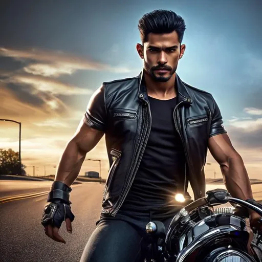 Prompt: a man , biker with leather Tshirt muscular body , leaning on his motorcycle, US road landscape 

heavenly beauty, 128k, 50mm, f/1. 4, high detail, sharp focus, perfect anatomy, highly detailed, detailed and high quality background , Trending on artstation, UHD, 128K, quality, Big Eyes, artgerm, highest quality stylized character concept masterpiece, award winning digital 3d, hyper-realistic, intricate, 128K, UHD, HDR, image of a gorgeous, beautiful, dirty, highly detailed face, hyper-realistic facial features, cinematic 3D volumetric,  Carne Griffiths, Conrad Roset, 3D,  Full HD render + immense detail + dramatic lighting + well lit + fine | ultra - detailed realism, full body art, lighting, high - quality, engraved, ((photorealistic)), ((hyperrealistic)), ((perfect eyes)), ((perfect skin)), ((perfect hair))