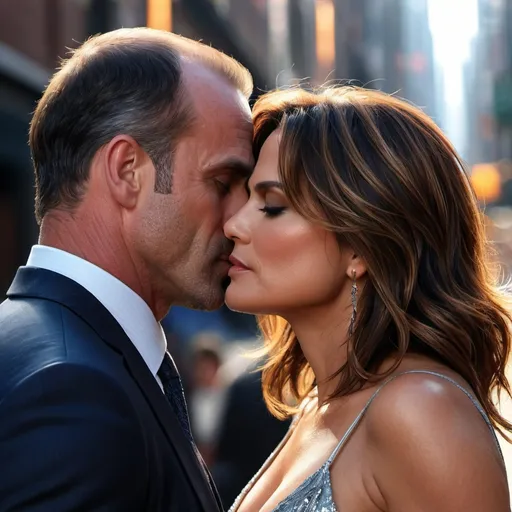 Prompt: create a picture Christopher Meloni  ((elliot stabler)) kissing Mariska Hargitay ((olivia benson)), capturing his essence and distinctive character from the series “Law & Order: Special Victims Unit ,wore, face, UHD , 300K , 50mm, f/1.4, sharp focus, reflections, high-quality background , UHD, sharp focus, reflections, high-quality background illustration by Marc Simonetti Carne Griffiths, Conrad Roset, 3D anime , Full HD render + immense detail + dramatic lighting + well lit + fine | ultra - detailed realism, full body art, lighting, high - quality, engraved, ((photorealistic)), ((hyperrealistic)), ((perfect eyes)), ((perfect skin)), ((perfect hair)), ((perfect shadow)), ((perfect light)) 800k UHD 100mm. 4D. 300k, 50mm, f/1.4, sharp focus, reflections, high-quality background , UHD, sharp focus, reflections, high-quality background illustration by Marc Simonetti Carne Griffiths, Conrad Roset, 3D anime, Full HD render + immense detail + dramatic lighting + well lit + fine | ultra - detailed realism, full body art, lighting, high - quality, engraved, ((photorealistic)), ((hyperrealistic)), ((perfect eyes)), ((perfect skin)), ((perfect hair)), ((perfect shadow)), ((perfect light))