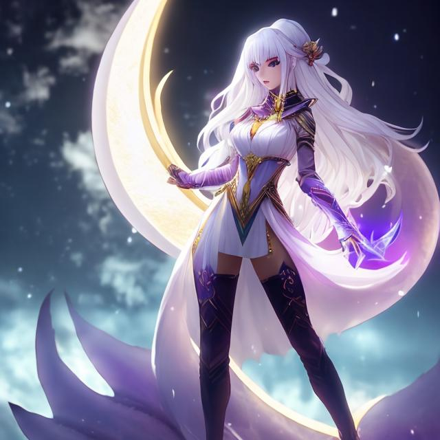 Prompt: dragon women , full body , 20 years old , romantic emotion, pretty women, aetheric , aetheric aura , long white hair , yellow gold eyes , light dragonic makeup , light dragonic dress , stiletto nails with black base color gradient to white , white styleto shoe , night background with a moon , perfect composition, hyperrealistic, super detailed, 8k, high quality , illustration by Marc Simonetti, Carne Griffiths, Conrad Roset, Full HD render + immense detail + dramatic lighting + well lit + fine | ultra - detailed realism, full body art, lighting, high - quality, engraved, ((photorealistic)), ((hyperdetailed white eyes)) and beautiful hyperdetailed feminine attractive face and nose and big lips, perfect  red shy blush with smile, backlit, ((intricately hyperdetailed )) ,  hyperrealistic, sharp focus, glamour, volumetric studio lighting, triadic colors,  beauty, sensual feminine romance, professional, sensual feminine, perfect composition, unreal engine 8k octane