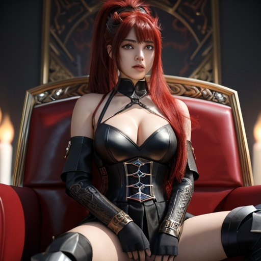 Prompt: teenage , hell, demon, 20 years old, light armor with big cleavage ,long ponytail red hair with black highlights, black conjunctiva with red iris, goth clothe , elbow on knees hands together, seatting on a the hell throne, parted bangs, ethereal, royal vibe, highly detailed, digital painting, Trending on artstation, Big Eyes, artgerm, highest quality stylized character concept masterpiece, award winning digital 3d oil painting art, hyper-realistic, intricate, 64k, UHD, HDR, image of a gorgeous, beautiful, dirty, highly detailed face, hyper-realistic facial features, perfect anatomy in perfect composition of professional, long shot, sharp focus photography, cinematic 3d volumetric