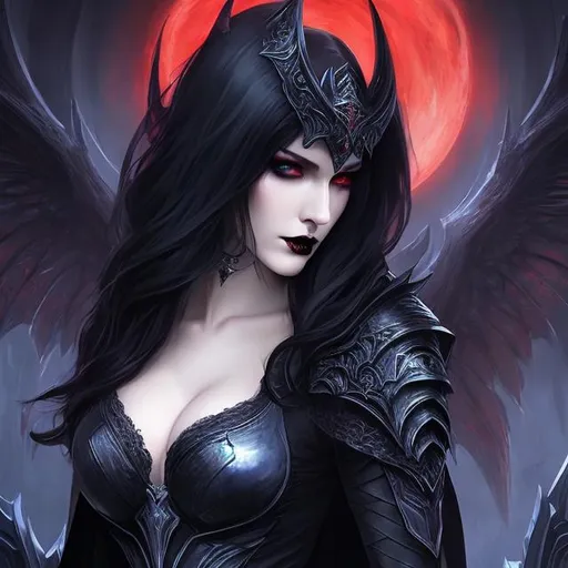 Prompt: women , hell, vampire ,  20 years old, light armor with big cleavage ,long  black hair with white highlights, gradient red iris , goth clothe , cape , moon, elbow on knees hands together, seatting on a the hell throne, parted bangs, ethereal, royal vibe, highly detailed, digital painting, Trending on artstation, Big Eyes, artgerm, highest quality stylized character concept masterpiece, award winning digital 3d oil painting art, hyper-realistic, intricate, 64k, UHD, HDR, image of a gorgeous, beautiful, dirty, highly detailed face, hyper-realistic facial features, perfect anatomy in perfect composition of professional, long shot, sharp focus photography, cinematic 3d volumetric