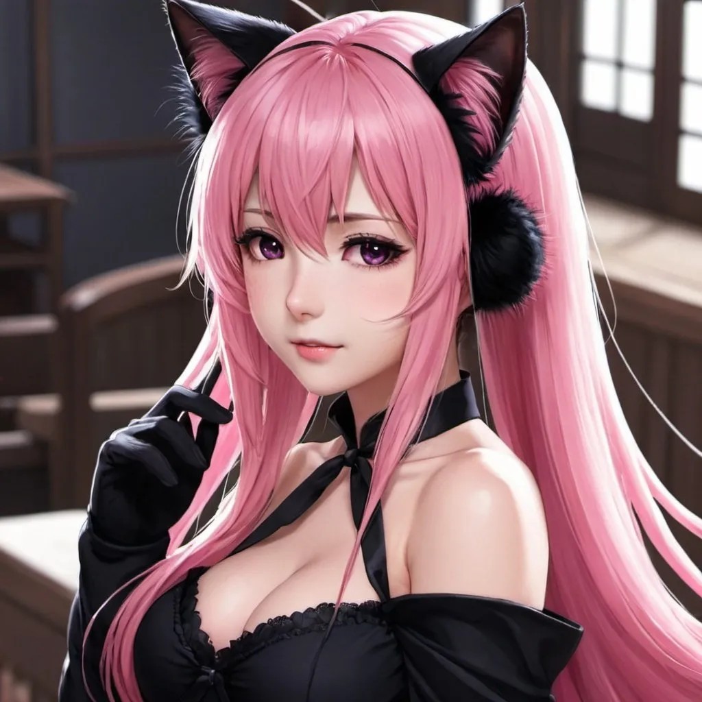 Prompt: anime, girl, detailed, long pink hair, shy, 
black cat ears, very detailed , black cat tail