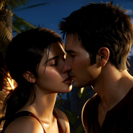 Prompt: nathan drake , uncharted , Chloe Frazer , kissing