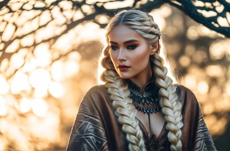 Prompt: a norse shamanic woman with long blonde braided hair light norse leather clothing with little fur shamanic painting face Fashion photography, Pulitzer Prize-winning photography, Bokeh, Volumetric Lighting, Golden Hour, Soft natural lighting, and Film gain.portrait heavenly beauty, 128k, 50mm, f/1. 4, high detail, sharp focus, perfect anatomy, highly detailed, detailed and high quality background, oil painting, digital painting, Trending on artstation, UHD, 128K, quality, Big Eyes, artgerm, highest quality stylized character concept masterpiece, award winning digital 3d, hyper-realistic, intricate, 128K, UHD, HDR, image of a gorgeous, beautiful, dirty, highly detailed face, hyper-realistic facial features, cinematic 3D volumetric, illustration by Marc Simonetti, Carne Griffiths, Conrad Roset, 3D anime girl, Full HD render + immense detail + dramatic lighting + well lit + fine | ultra - detailed realism, full body art, lighting, high - quality, engraved, ((photorealistic)), ((hyperrealistic)), ((perfect eyes)), ((perfect skin)), ((perfect hair))