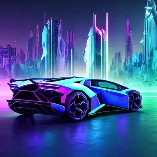 Prompt: 1 Lamborghini ultra-futurist design color  holographic background cyberpunk  town