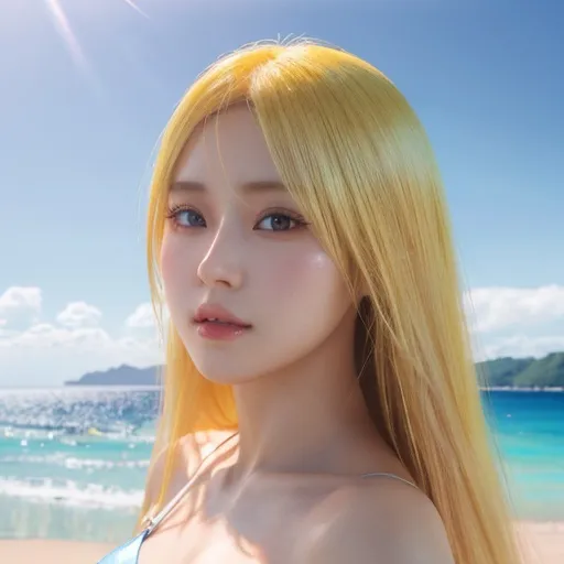 Prompt: bimbo , long yellow hair , cup D, human , swimwear , ultrarealistic, perfect face, ultrafuturistic background beach with sea Illustration by Makoto shinkai. heavenly beauty, 128k, 50mm, f/1. 4, high detail, sharp focus, perfect anatomy, highly detailed, detailed and high quality background, oil painting, digital painting, Trending on artstation, UHD, 128K, quality, Big Eyes, artgerm, highest quality stylized character concept masterpiece, award winning digital 3d, hyper-realistic, intricate, 128K, UHD, HDR, image of a gorgeous, beautiful, dirty, highly detailed face, hyper-realistic facial features, cinematic 3D volumetric, 3D anime girl, Full HD render + immense detail + dramatic lighting + well lit + fine | ultra - detailed realism, full body art, lighting, high - quality, engraved, ((photorealistic)), ((hyperrealistic))