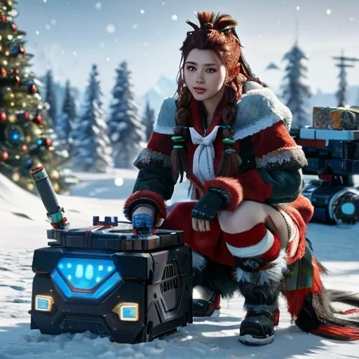 Prompt:  christmas , aloy with monster robotic machines , bow , pariah , horizon zero dawn , 600K UHD