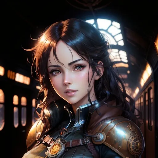 Prompt: 1 women steampunk ((manga)) background 
train old station illustration by Marc Simonetti Carne Griffiths, Conrad Roset, 3D anime girl, Full HD render + immense detail + dramatic lighting + well lit + fine | ultra - detailed realism, full body art, lighting, high - quality, engraved, ((photorealistic)), ((hyperrealistic)), ((perfect eyes)), ((perfect skin)), ((perfect hair)), ((perfect shadow)), ((perfect light)) 800k UHD 100mm