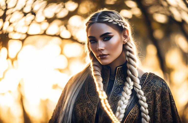 Prompt: a norse shamanic woman with long blonde braided hair light norse leather clothing with little fur shamanic painting face Fashion photography, Pulitzer Prize-winning photography, Bokeh, Volumetric Lighting, Golden Hour, Soft natural lighting, and Film gain.portrait heavenly beauty, 128k, 50mm, f/1. 4, high detail, sharp focus, perfect anatomy, highly detailed, detailed and high quality background, oil painting, digital painting, Trending on artstation, UHD, 128K, quality, Big Eyes, artgerm, highest quality stylized character concept masterpiece, award winning digital 3d, hyper-realistic, intricate, 128K, UHD, HDR, image of a gorgeous, beautiful, dirty, highly detailed face, hyper-realistic facial features, cinematic 3D volumetric, illustration by Marc Simonetti, Carne Griffiths, Conrad Roset, 3D anime girl, Full HD render + immense detail + dramatic lighting + well lit + fine | ultra - detailed realism, full body art, lighting, high - quality, engraved, ((photorealistic)), ((hyperrealistic)), ((perfect eyes)), ((perfect skin)), ((perfect hair))