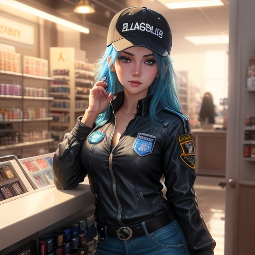 Prompt: Young woman, hair dyed blue, mossy blue eyes, a baseball cap placed carelessly on her head. She has her head resting on one hand. She has black makeup, with black kohl. She is behind the counter of a geek store. She seems to be deeply bored, her hand holds her head. Dark atmosphere, old shop. She has a badge with her name, "Lucy". Flawless text. 3D. 256k, 50mm, f/1.4, sharp focus, reflections, high-quality background , UHD, sharp focus, reflections, high-quality background
illustration by Marc Simonetti Carne Griffiths, Conrad Roset, 3D anime girl, Full HD render + immense detail + dramatic lighting + well lit + fine | ultra - detailed realism, full body art, lighting, high - quality, engraved, ((photorealistic)), ((hyperrealistic)), ((perfect eyes)), ((perfect skin)), ((perfect hair)), ((perfect shadow)), ((perfect light))