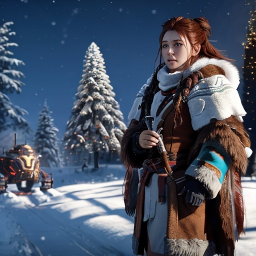 Prompt: warm christmas , aloy 
with monster robotic machines , horizon zero dawn , 600K UHD