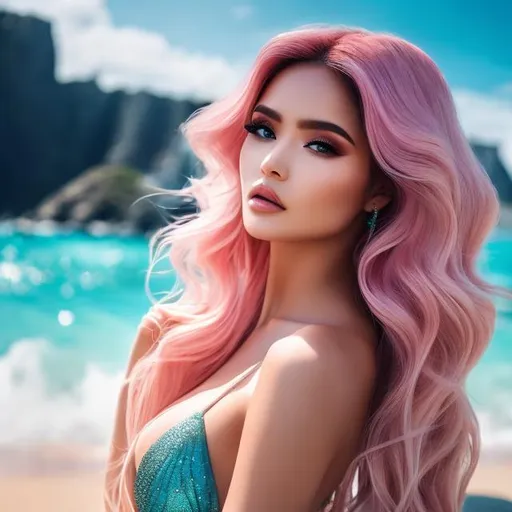 Prompt: 1 women , pink long hair , make-up  , swimwear , sea , beach , water with waves , portrait

heavenly beauty, 128k, 50mm, f/1. 4, high detail, sharp focus, perfect anatomy, highly detailed, detailed and high quality background, oil painting, digital painting, Trending on artstation, UHD, 128K, quality, Big Eyes, artgerm, highest quality stylized character concept masterpiece, award winning digital 3d, hyper-realistic, intricate, 128K, UHD, HDR, image of a gorgeous, beautiful, dirty, highly detailed face, hyper-realistic facial features, cinematic 3D volumetric, illustration by Marc Simonetti, Carne Griffiths, Conrad Roset, 3D anime girl, Full HD render + immense detail + dramatic lighting + well lit + fine | ultra - detailed realism, full body art, lighting, high - quality, engraved, ((photorealistic)), ((hyperrealistic)),  ((perfect eyes)), ((perfect skin)), ((perfect hair))