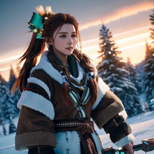 Prompt:  christmas , aloy with monster robotic machines , bow , pariah , horizon zero dawn , 600K UHD