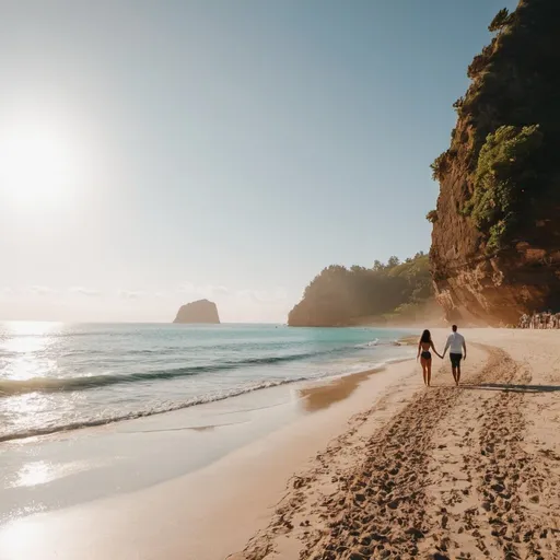 Prompt: a beach with a couple (woman and man)