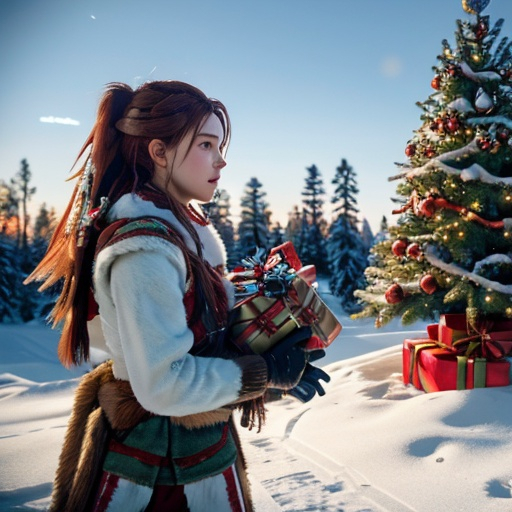 Prompt:  christmas , aloy with monster robotic machines , horizon zero dawn , 600K UHD