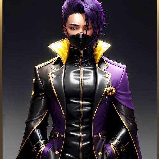 Prompt: HE is an ebony slime bodysuit, styled like a turn-up collar overcoat. Gold and purple borders adorn a dark jacket, shirt, pants and high boots. A long hood casts a shadow to hide the upper half of Cid's face. The only visible facial features are his mouth and the sparkle of his red eyes.