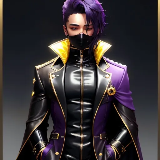 Prompt: HE is an ebony slime bodysuit, styled like a turn-up collar overcoat. Gold and purple borders adorn a dark jacket, shirt, pants and high boots. A long hood casts a shadow to hide the upper half of Cid's face. The only visible facial features are his mouth and the sparkle of his red eyes.