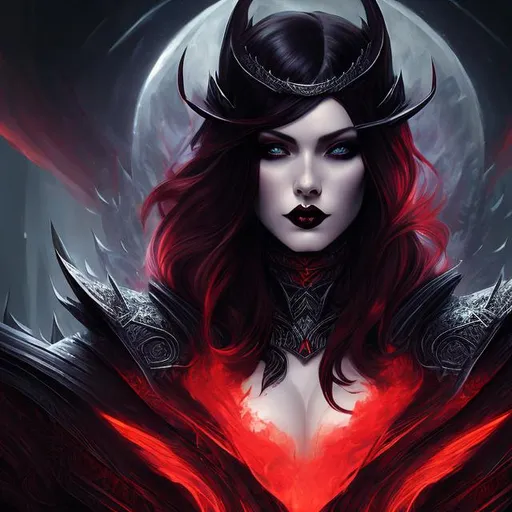 Prompt: girl , hell, demon, 30 years old, long red hair with black highlights, black conjunctiva with red iris, goth armor , elbow on knees hands together, seatting on a the hell throne, parted bangs, ethereal, royal vibe, highly detailed, digital painting, Trending on artstation, Big Eyes, artgerm, highest quality stylized character concept masterpiece, award winning digital 3d oil painting art, hyper-realistic, intricate, 64k, UHD, HDR, image of a gorgeous, beautiful, dirty, highly detailed face, hyper-realistic facial features, perfect anatomy in perfect composition of professional, long shot, sharp focus photography, cinematic 3d volumetric