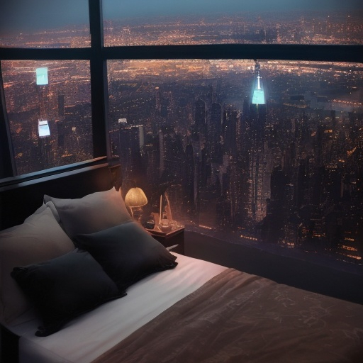 Prompt: a luxury bedroom , neon ,windows with a view of New York at night ((view of empire state bulding))