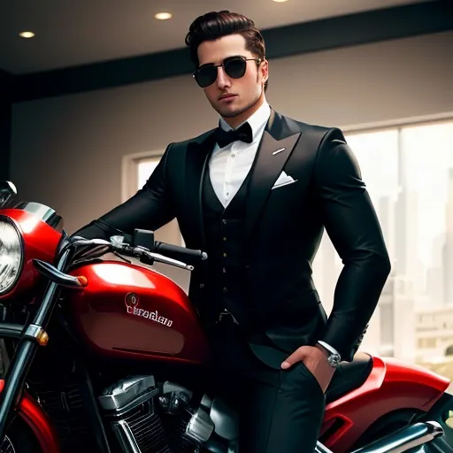 Prompt: a young billionaire man on a very powerful and very stylish motorcycle 254k UHD