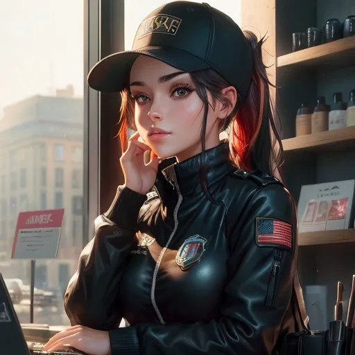 Prompt: Young woman, ponytail black with 
red highlights mossy goldy eyes, a baseball cap placed carelessly on her head. She has her head resting on one hand. She has black makeup, with black kohl. She is behind the counter of a geek store. She seems to be deeply bored, her hand holds her head. Dark atmosphere, old shop. She has a badge with her name, "Lucy". Flawless text. 4D. 300k, 50mm, f/1.4, sharp focus, reflections, high-quality background , UHD, sharp focus, reflections, high-quality background
illustration by Marc Simonetti Carne Griffiths, Conrad Roset, 3D anime girl, Full HD render + immense detail + dramatic lighting + well lit + fine | ultra - detailed realism, full body art, lighting, high - quality, engraved, ((photorealistic)), ((hyperrealistic)), ((perfect eyes)), ((perfect skin)), ((perfect hair)), ((perfect shadow)), ((perfect light))