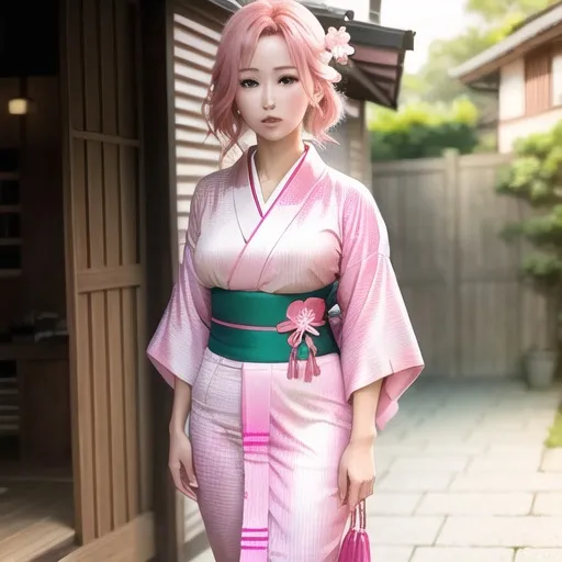 Prompt: a woman ((manga)) pink hair good anatomy pyjamas summer ((style kimono))