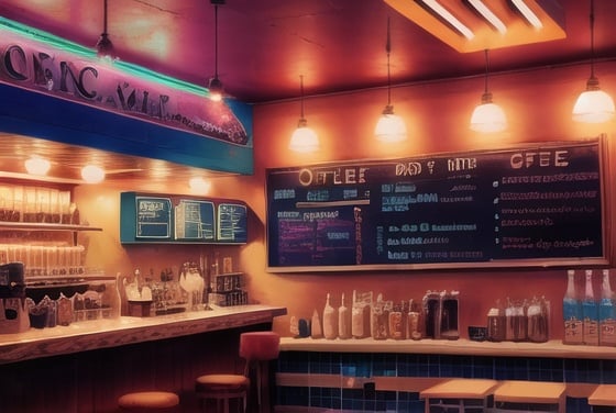 Prompt: coffee bar ((interior)) vintage old school neon
80's