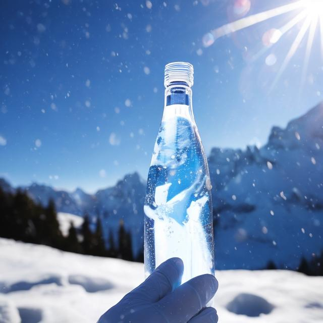 Prompt: Capture a precise, professional-grade in the highest possible quality photography bottle of water on the snow in the snowy mountain