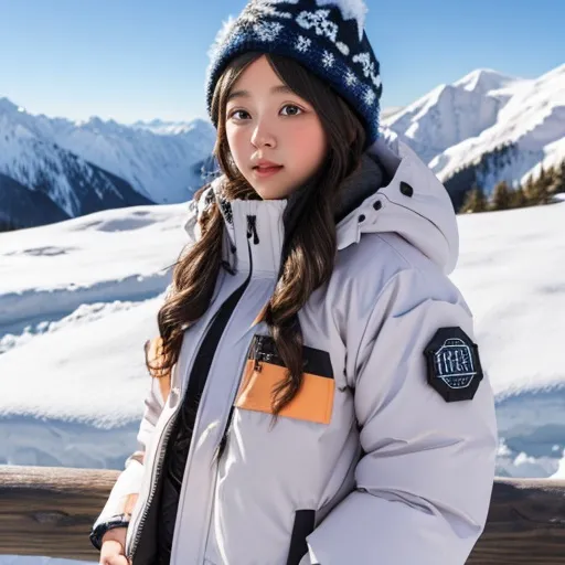 Prompt:  girl down jacket with snowy mountain patterns
