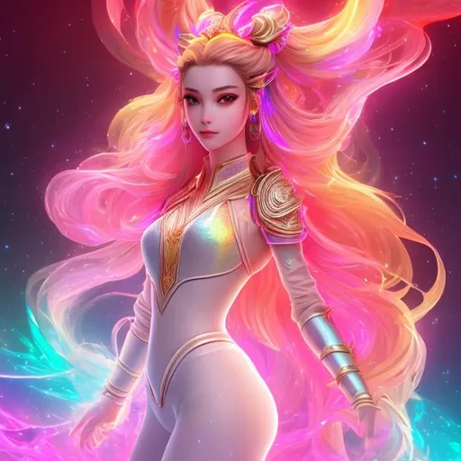 Prompt: women , light armor with big cleavage , lemon ponytail hair , gold  eye  , holographic outfit
, kitsune holographic tail , she as vivid hair

full color fractal Formula: z² + c + (z² + c) / (3z³ + c) background in voronoi sky and phoenix,  1little woman,(masterpiece, illustration, best quality:1.5), insanely beautiful black ice SKADI little woman, ice blue body painting, global illumination, finely detailed, beautiful defined detailed face, beautiful detailed eyes, beautiful detailed shading, highly Detailed body, finely detailed, (3_ice_crystal_halos), tilted halos, full body, body lightly covered with frost, frosty wild hair, ice elements, ice particles, snowy and icy atmosphere, , full body focus, beautifully detailed background, cinematic, 64K, UHD, by Li Yue

Illustration by Makoto shinkai.

heavenly beauty, 128k, 50mm, f/1. 4, high detail, sharp focus, perfect anatomy, highly detailed, detailed and high quality background, oil painting, digital painting, Trending on artstation, UHD, 128K, quality, Big Eyes, artgerm, highest quality stylized character concept masterpiece, award winning digital 3d, hyper-realistic, intricate, 128K, UHD, HDR, image of a gorgeous, beautiful, dirty, highly detailed face, hyper-realistic facial features, cinematic 3D volumetric,  3D anime girl, Full HD render + immense detail + dramatic lighting + well lit + fine | ultra - detailed realism, full body art, lighting, high - quality, engraved, ((photorealistic)), ((hyperrealistic))
