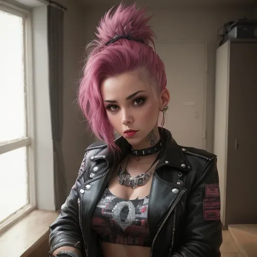 Prompt: a woman punk , punk outfit , cheveux punk style , background destroy room
