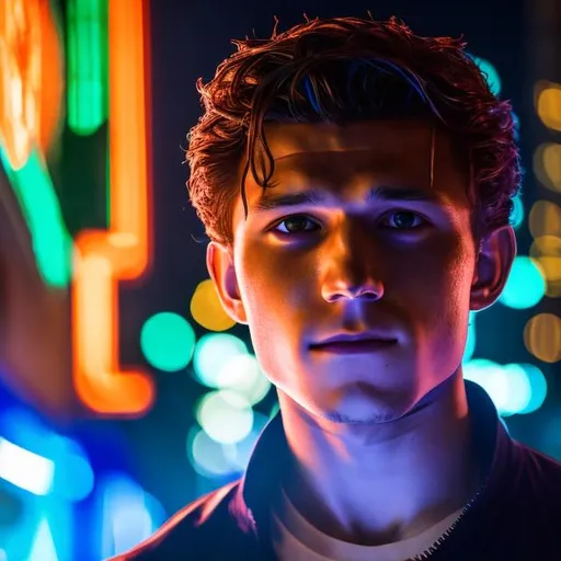 Prompt: Photo, portrait, very close up, 1 man, tom holland , crouching in a narrow street, illuminated by neon lights at night, in front of a night club, looking directly at the camera, low-angle shot, heavenly beauty, 8k, 50mm, f/1. 4, high detail, sharp focus, perfect anatomy, highly detailed, detailed and high quality background, oil painting, digital painting, Trending on artstation, UHD, 128K, quality, Big Eyes, artgerm, highest quality stylized character concept masterpiece, award winning digital 3d, hyper-realistic, intricate, 128K, UHD, HDR, image of a gorgeous, beautiful, dirty, highly detailed face, hyper-realistic facial features, cinematic 3D volumetric, illustration by Marc Simonetti, Carne Griffiths, Conrad Roset, 3D anime girl, Full HD render + immense detail + dramatic lighting + well lit + fine | ultra - detailed realism, full body art, lighting, high - quality, engraved |