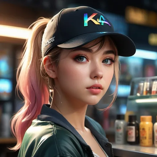 Prompt: Young woman, ponytail black with rainbow watercolor highlights mossy pink gold eyes, a baseball cap placed carelessly on her head ((K/DA)). She has her head resting on one hand. She has black makeup, with black kohl. She is behind the counter of a geek store. She seems to be deeply bored, her hand holds her head. Dark atmosphere, old shop. She has a badge with her name, "Lucy". Flawless text , parted bangs. 4D. 300k, 50mm, f/1.4, sharp focus, reflections, high-quality background , UHD, sharp focus, reflections, high-quality background illustration by Marc Simonetti Carne Griffiths, Conrad Roset, 3D anime girl, Full HD render + immense detail + dramatic lighting + well lit + fine | ultra - detailed realism, full body art, lighting, high - quality, engraved, ((photorealistic)), ((hyperrealistic)), ((perfect eyes)), ((perfect skin)), ((perfect hair)), ((perfect shadow)), ((perfect light)) 800k UHD 100mm. 4D. 300k, 50mm, f/1.4, sharp focus, reflections, high-quality background , UHD, sharp focus, reflections, high-quality background illustration by Marc Simonetti Carne Griffiths, Conrad Roset, 3D anime girl, Full HD render + immense detail + dramatic lighting + well lit + fine | ultra - detailed realism, full body art, lighting, high - quality, engraved, ((photorealistic)), ((hyperrealistic)), ((perfect eyes)), ((perfect skin)), ((perfect hair)), ((perfect shadow)), ((perfect light))